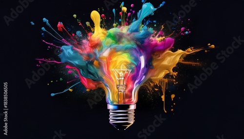 creative light bulb explodes with colorful paint sparks and splashes on a black background concept think differently creative idea concept motion color ink swirling