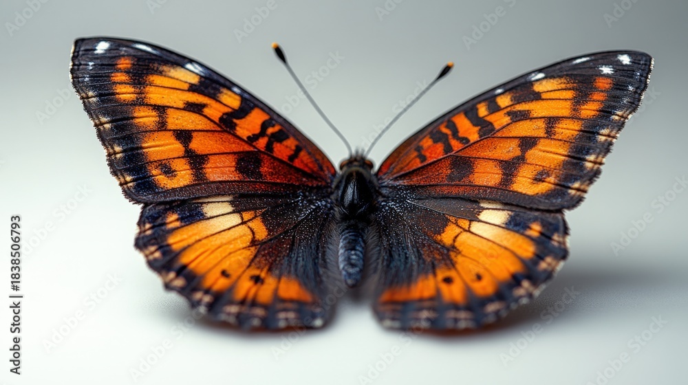 Obraz premium A stunning close-up photograph of a vibrant orange butterfly with intricate black wing patterns, set against a soft, light background. Perfect for nature, beauty, and wildlife photography.