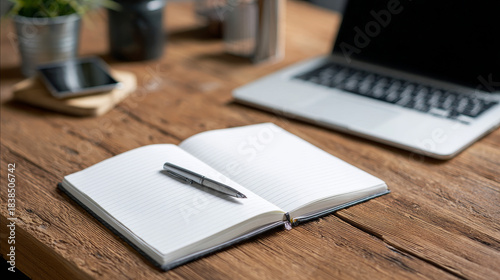 “An open notebook rests on a wooden office desk beside a pen and laptop, creating a clean, organized workspace ideal for writing, planning, or studying.”