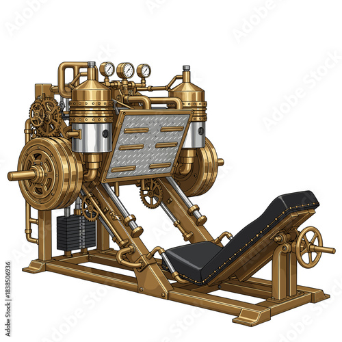 Steampunk leg press gym equipment with gold and silver accents on transparent background