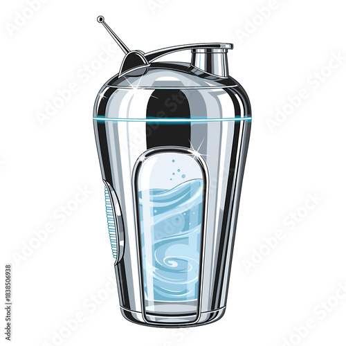 Metal shaker with blue liquid on transparent background