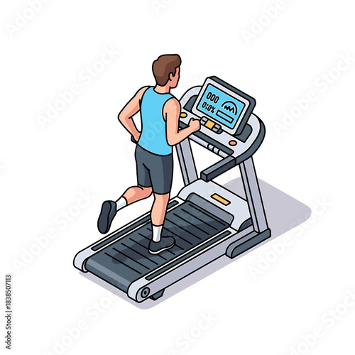 Cartoon man on treadmill exercising indoors on transparent background