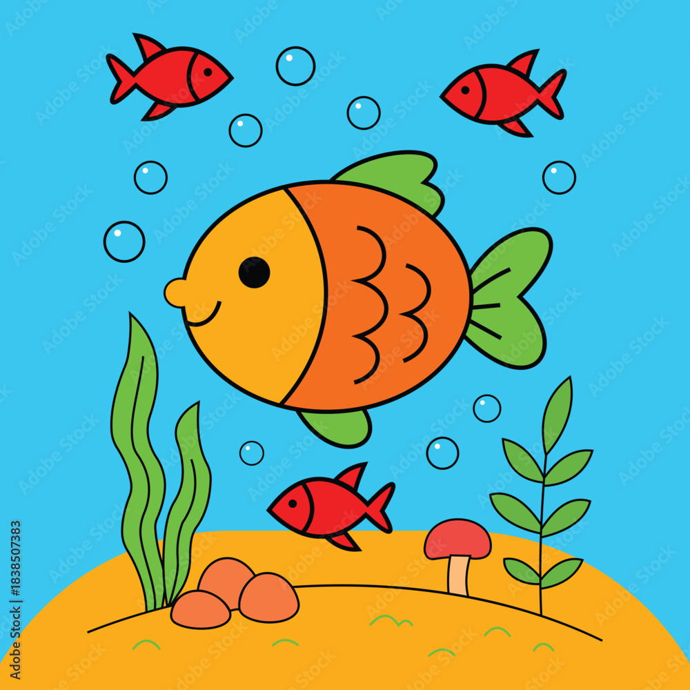Naklejka premium Cute Cartoon Fish Underwater Scene with Colorful Sea Plants and Bubbles – Child-Friendly Ocean Illustration for Kids Education, Coloring Books, and Graphic Design Projects