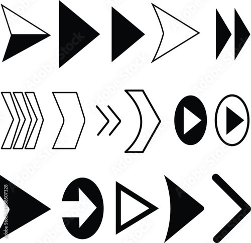 Arrows icons set, modern simple flat black vector pointer signs. Arrow icon set for forward click buttons, web design arrow navigation and apps elements isolated on a transparent background.
