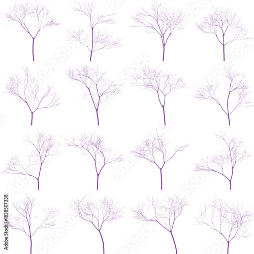 Set of Purple Fractal Trees Silhouette Bundle, Minimalist Abstract Branching Tree Vector Illustrations, Transparent Background, Winter Bare Tree Clipart Pack for Design, Logo, Overlay, Tattoo, Stencil