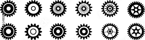 Vector Illustration of Mechanical Gear Icons for Settings, Clockwork, and Engineering Concepts; Minimalist Cogwheel Collection for Industrial and Technology Design Elements