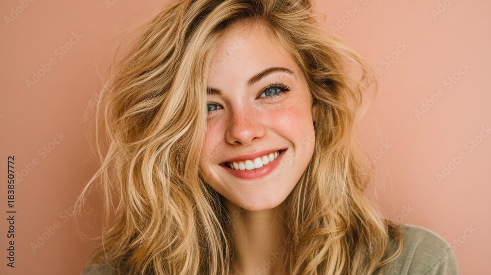 Fototapeta premium A young woman with blonde hair smiles at the camera. Her wavy hair frames her face and she stands in front of a pink wall. The light highlights her features as she poses happily.