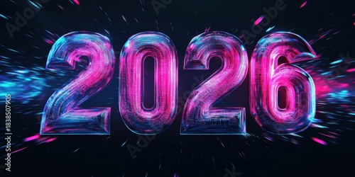 Futuristic glowing 2026 digits with neon color streaks on dark backdrop