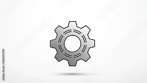 A sleek, metallic-look vector icon of a single gear or cog, isolated on a white background. The clean, silver-grey design with subtle internal lines and a drop shadow conveys concepts of mechanics.
