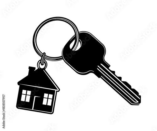 Black key with a house-shaped keychain without background.