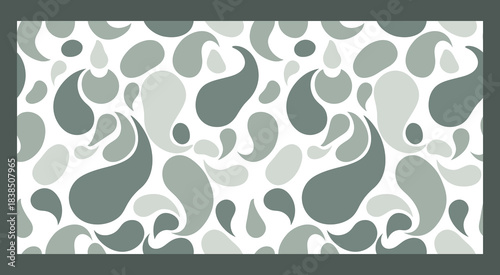 Abstract seamless paisley pattern with organic teardrop shapes in shades of grey and sage green