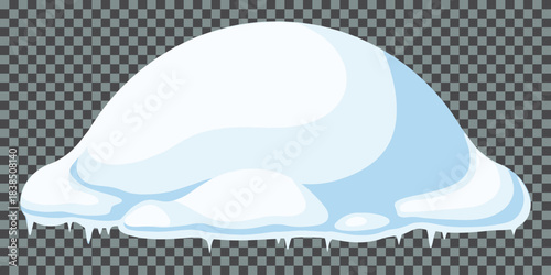 Cartoon snow cap with hanging icicles and blue frost texture vector illustration isolated for winter christmas holiday season decoration and creative design element header