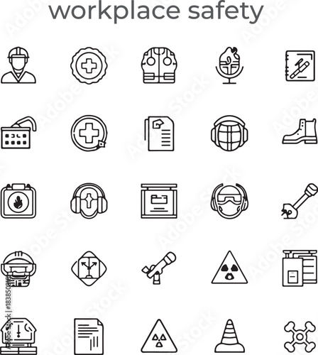 Job safety icon pack collection set for occupational health and safety management. With hard hat, safety vest, goggles, gloves, ear plug, steel boot, fire extinguisher, first aid, 
