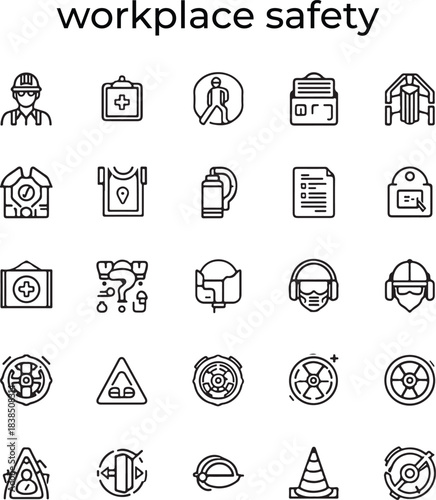 Work safety icon set with hard hat, risk management, first aid kit, ear protection, workplace security, CCTV, regulation, safety training, hazard, and more.
