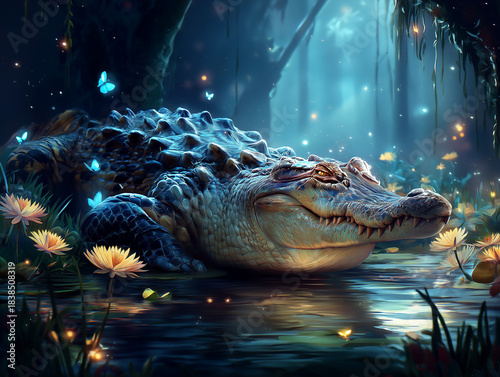Crocodile in a fantasy magical swamp 