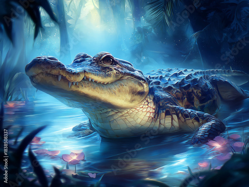 Alligator in a fantasy magical swamp 