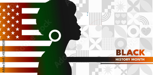 Black history month horizontal banner with african american woman silhouette and usa flag