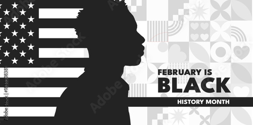 February is black history month banner, african american silhouette and usa flag