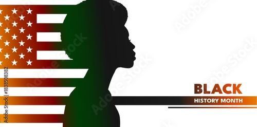 Black history month horizontal banner with african american woman silhouette and usa flag