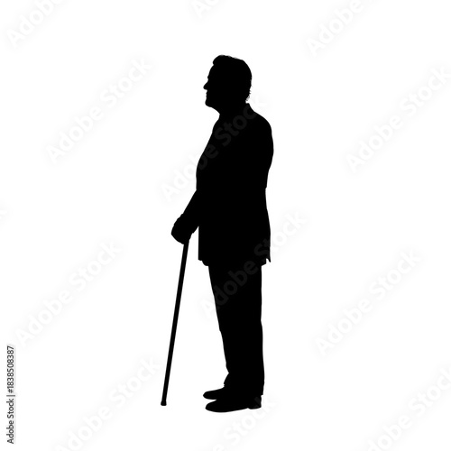Elderly man silhouette walking with a cane or stick