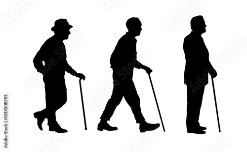 Set of elderly men silhouettes walking with a cane, various poses