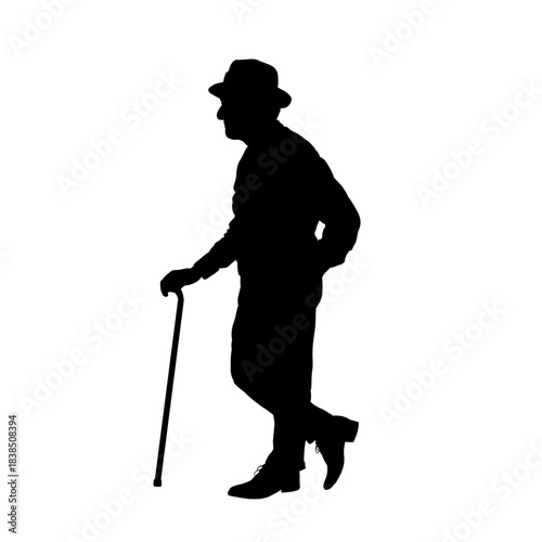 Elderly man silhouette walking with a cane or stick