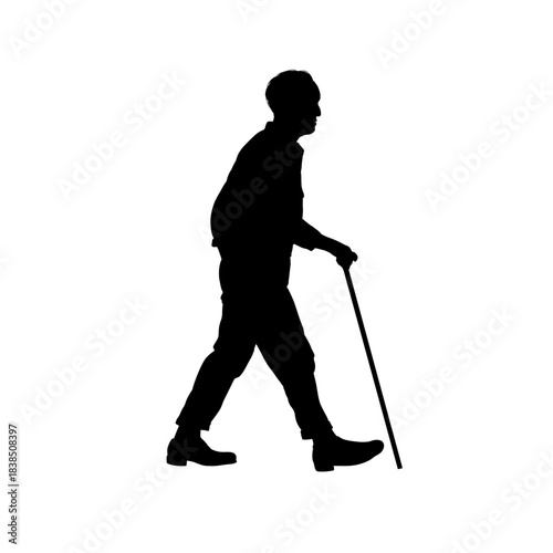 Elderly man silhouette walking with a cane or stick