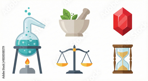 Diverse Symbolic Icons Illustrating Key Concepts in Science, Alchemy, Justice, and Time