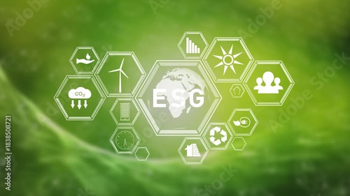 Loop sunny green environment with ESG icons animation.