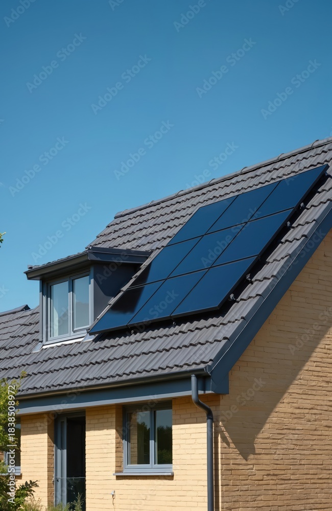 Fototapeta premium Modern home rooftop has dark solar panels installed under clear blue sky. New house construction integrates renewable green power tech. Sustainable energy generation for residential living.