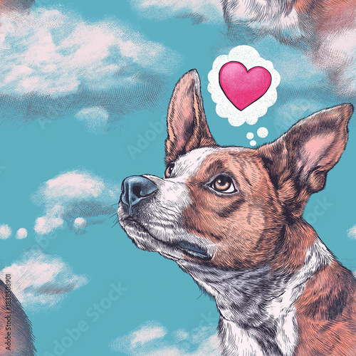 Pit Bull Dog thinking about love / Heart in a Thought Bubble 