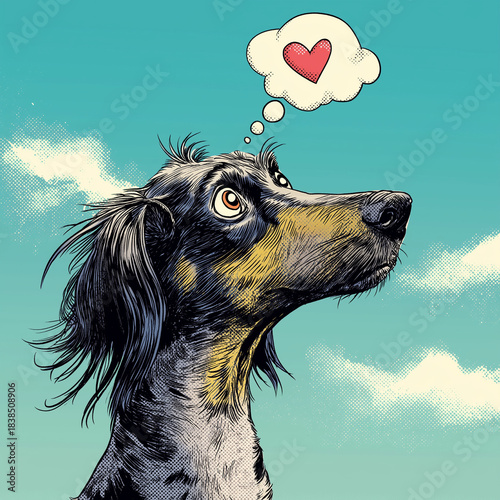 Spaniel Dog thinking about love / Red Heart in a Thought Bubble 