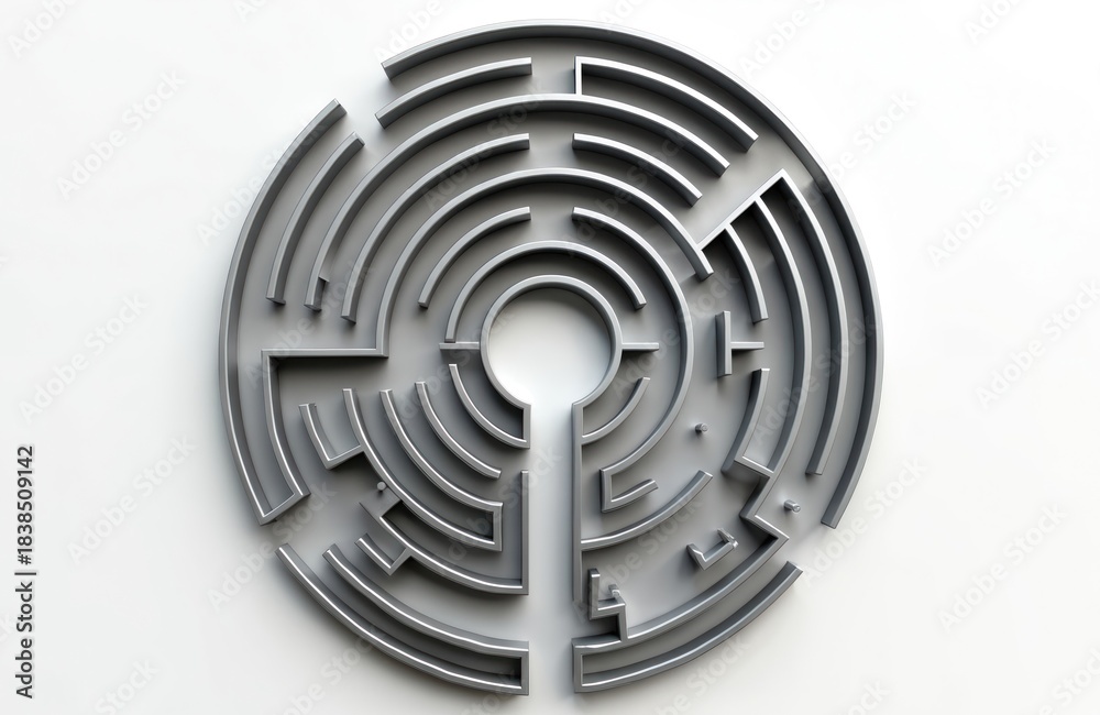 Obraz premium Overhead view shows a circular maze on white backdrop. Shiny gray metal maze illustration. Concept design for problem solving. Perfect choice for abstract art, games or puzzles themes.
