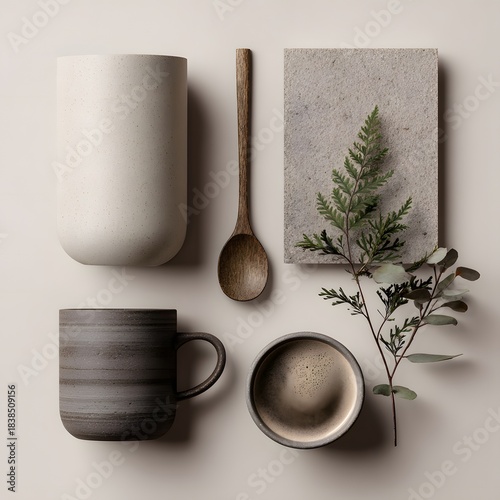 Minimalist neutral flat lay with ceramic tableware and natural elements