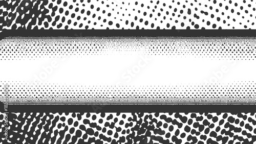 Three horizontal bands of grayscale dot patterns with varying density and size halftone texture 