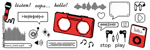 Pixel art music stickers with retro gaming icons and Y2K aesthetic. Colorful 8-bit emoji set featuring speech bubbles, sound notes, and heart elements for digital media and podcast design.