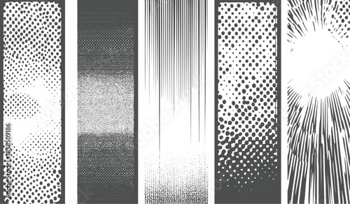 Three horizontal bands of grayscale dot patterns with varying density and size halftone texture 