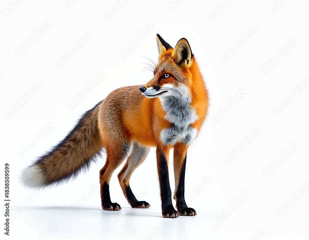 Naklejka premium Fox standing on white background. Wild animal is orange and brown with fluffy tail. Fox looks to left, posing. Mammal in full growth isolated on white backdrop. Predator is hunting.