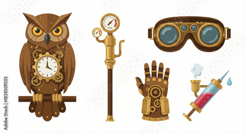 Steampunk Gadgets and Accessories Featuring Owl, Goggles, and Syringe