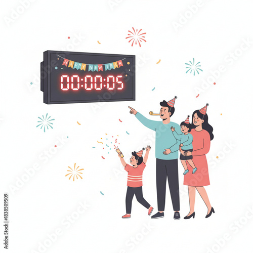 A family excitedly watching the New Year countdown timer with fireworks and confetti around.