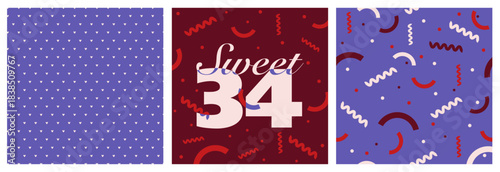 Sweet 34 Celebration Pattern Set. Vibrant Red, Pink, and Purple Designs Featuring Playful Confetti Shapes and Bold Typography to Capture the Fun, Energy, and Festive Spirit of a Milestone Birthday.