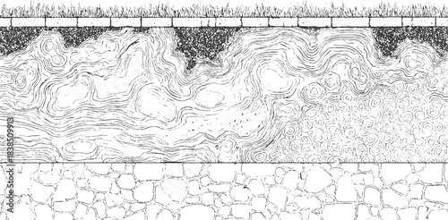 Abstract monochrome topographic map lines and textures vector Black and white abstract pattern of layered geological strata and rock textures background 
