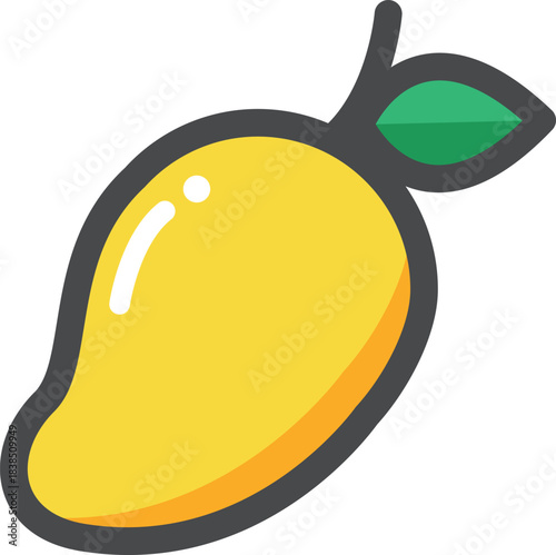 Flat design icon of a ripe yellow mango with a green leaf, representing tropical fruit and healthy eating