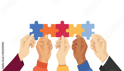 Diverse hands in different clothes holding puzzle pieces. Teamwork and collaboration concept. Isolated vector illustration.