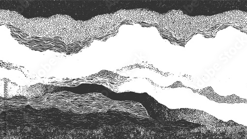 Abstract monochrome topographic map lines and textures vector Black and white abstract pattern of layered geological strata and rock textures background 
