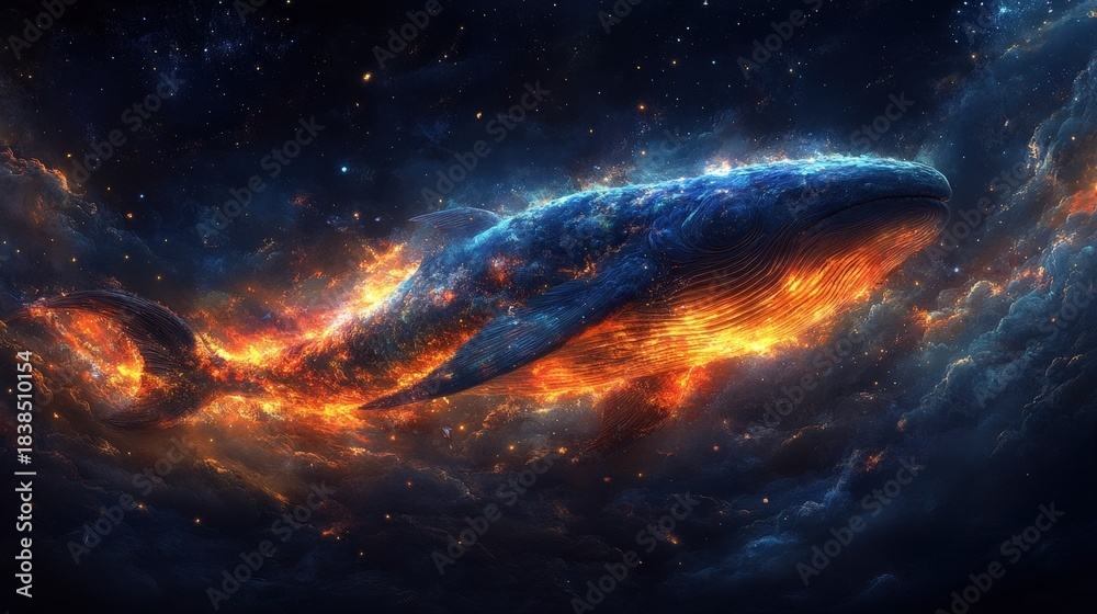 Obraz premium A majestic whale-like being with shimmering, fiery scales navigates a breathtaking cosmic ocean filled with swirling stars and vibrant nebulae. A surreal and awe-inspiring image.