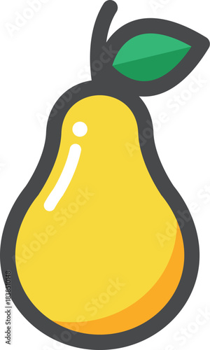 Vibrant Yellow Pear Vector Icon, a Sweet and Juicy Fruit Illustration with a Green Leaf Detail