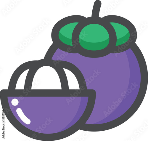 Vibrant illustration of a whole and a halved mangosteen, showcasing the exotic tropical fruit's rich purple skin and white segmented flesh
