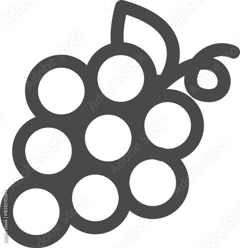 A simple, dark gray line icon depicting a cluster of grapes with a stem and a single leaf attached