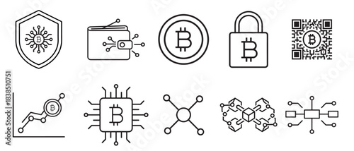 Cryptocurrency and Blockchain Technology Icon Set. Icons for Bitcoin, Wallet, Security, QR Code, Trading Chart, Mining Chip, and Digital Assets